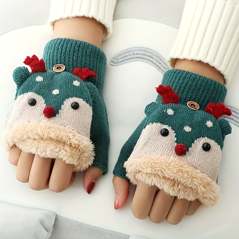 Women's Christmas Reindeer Flip-Over Gloves - Thick Warm Winter Gloves with Festive Snowflake & Reindeer Design, Non-Elastic for Indoor/Outdoor Use, Hand Wash/Dry Clean, Holiday Outdoor Wear, Warm Fabric