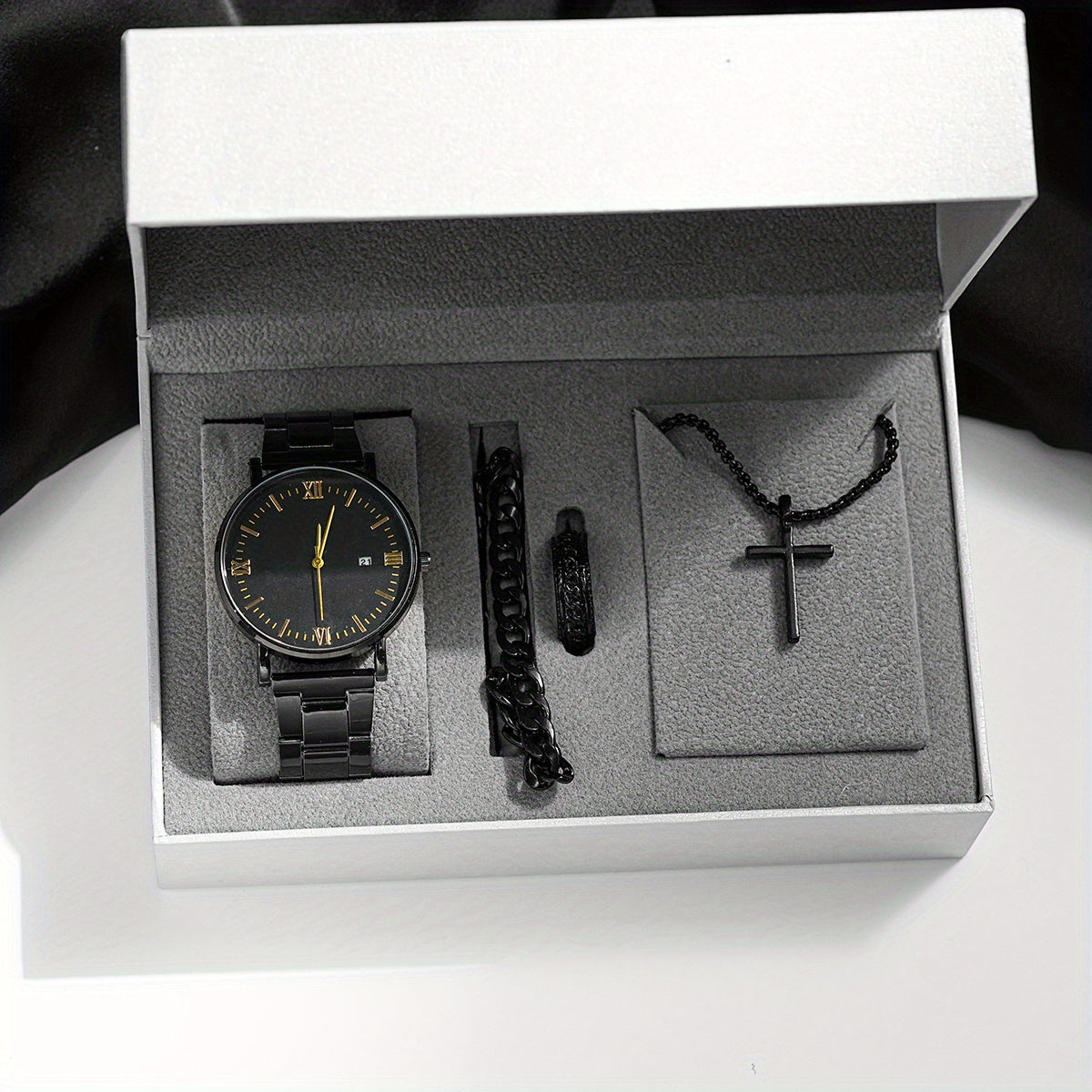 8pcs/set Men'S Black Minimalist Quartz Watch Set with Bracelet, Necklace, And Ring – Elegant Timepiece Gift Box for Casual And Formal Use, Box not included