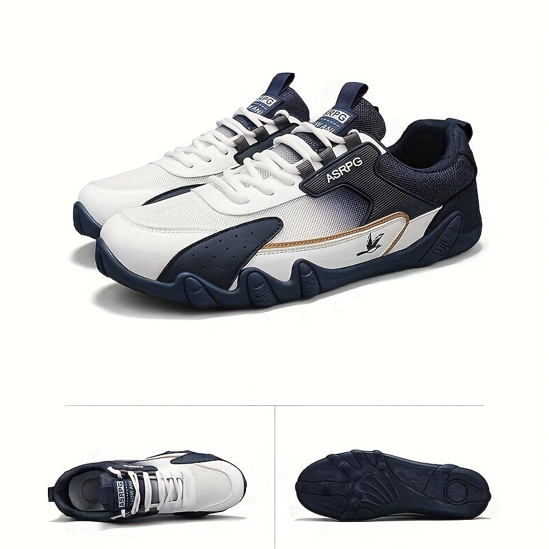 Men's Breathable Low-Top Casual Sneakers - Sporty Lace-Up Walking Shoes with Navy/White/Golden Accents, All-Season Outdoor Everyday Comfort, Durable Fabric Upper PVC Sole, Comfortable Footwear, Sleek Shoe Design, Lightwei