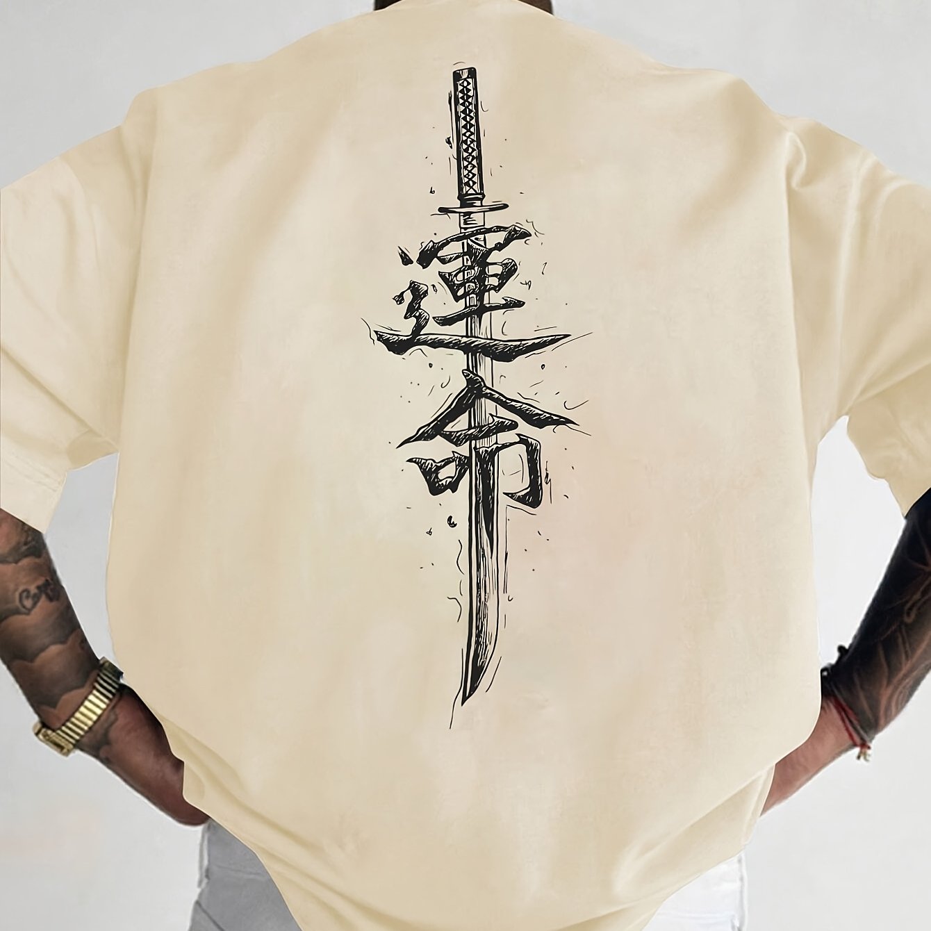 Men'S Japanese Samurai Sword Graphic T-Shirt - Casual Loose Fit Crew Neck, Short Sleeve Tee with Red Stylized Japanese Katanas Design, Breathable Polyester for Spring Summer Outdoor Wear