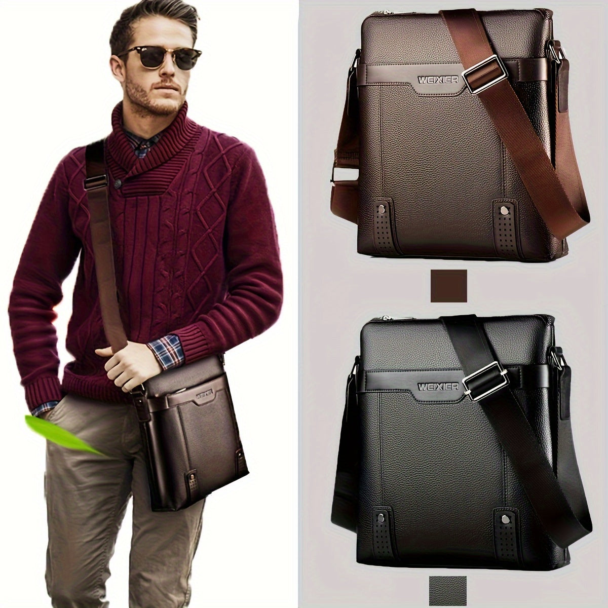 WEIXIER Men's Fashion Crossbody Bag - Adjustable Strap, Faux Leather, Deep Brown Casual Street Style Shoulder Bag for Outings