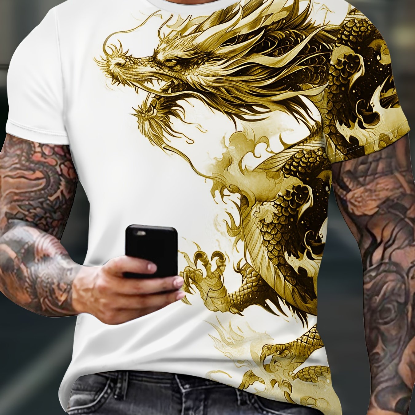 Men's Bold Dragon Graphic Tee - Short Sleeve, Crew Neck, Polyester Blend - Perfect for Summer Outings Casual Wear