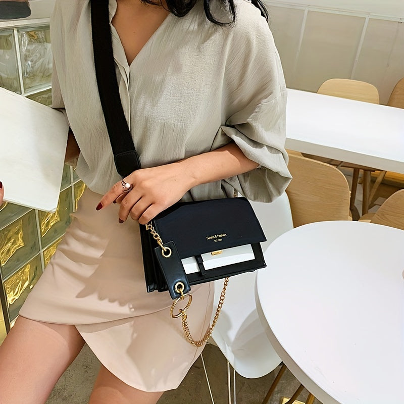 Chic Mini Crossbody Bag for Women - Stylish Synthetic Faux Leather with Golden Chain Strap, Buckle Closure, and Decorative Painted Edges - Perfect for Phone & Essentials