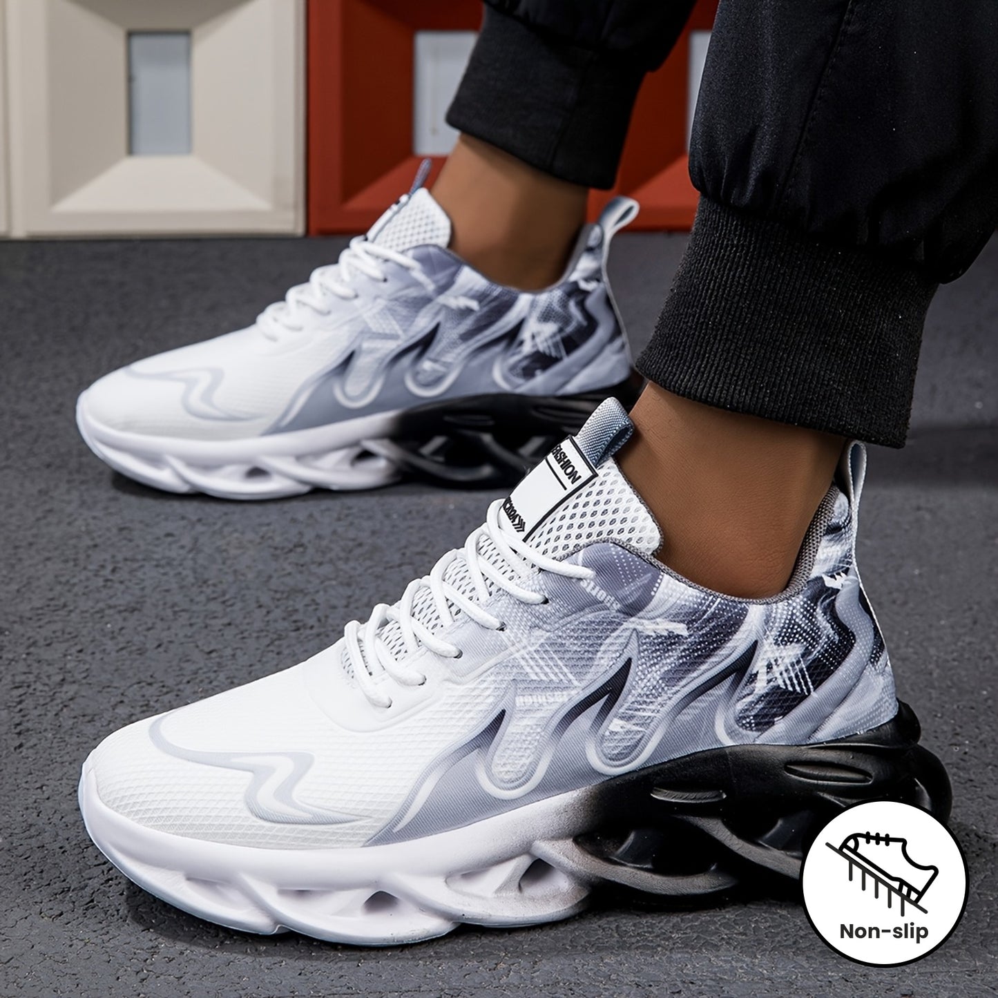 Men's Breathable Athletic Sneakers - Non-Slip, Stylish Black White Gradient Geometric Design, Comfortable Casual Shoes with Elastic Sole for Casual Attire