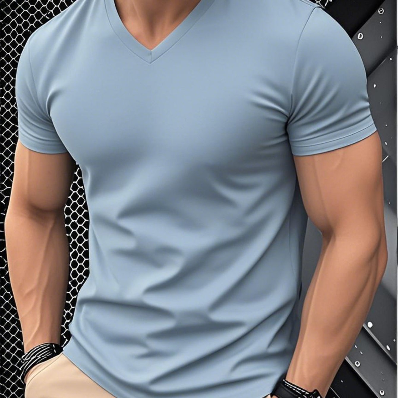 1pc Men's Light Blue Solid Color V-Neck Casual T-Shirt - Breathable Regular Fit Short Sleeve Tee for Spring Summer, Gym, Office Casual Attire