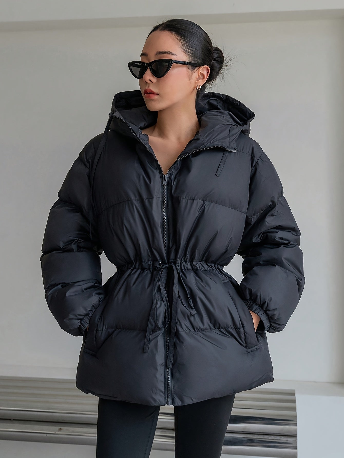 Women's Elegant Winter Jacket with Hood - Full-Zip Front Closure, Loose-Fit Long Sleeve Coat, Black Outerwear for Cold Weather, Hand Washable & Structured Design (No Belt) - Casual to Professional Outer Layer