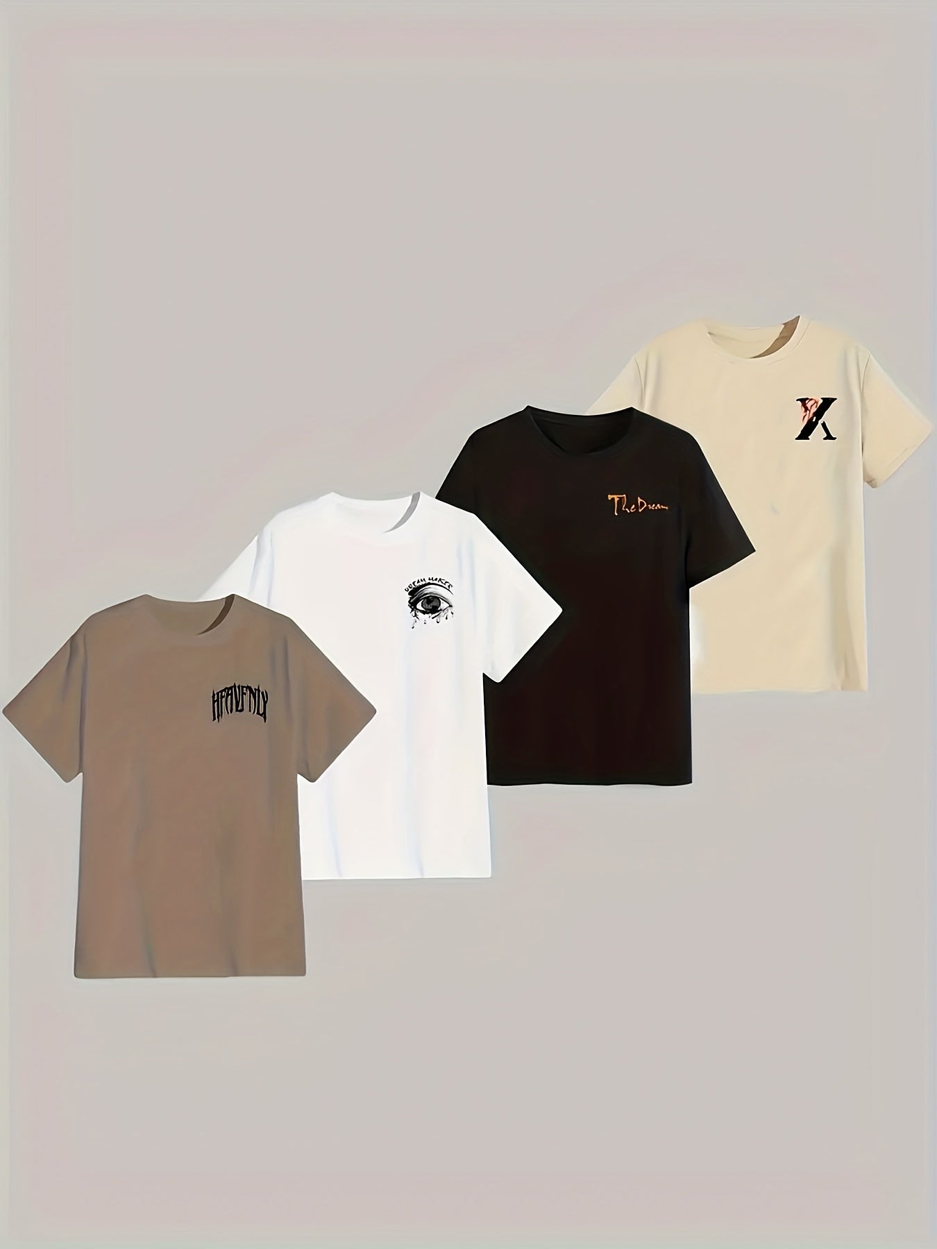 4pcs Men's Casual 3D Graphic T-Shirts - Bold Letter Abstract Print Short Sleeve Tees, Regular Fit Round Neck, Machine Washable, All-Season Comfort, 4 Color Options, T Shirts Graphic, Edgy Streetwear, Nontransparent Fabric