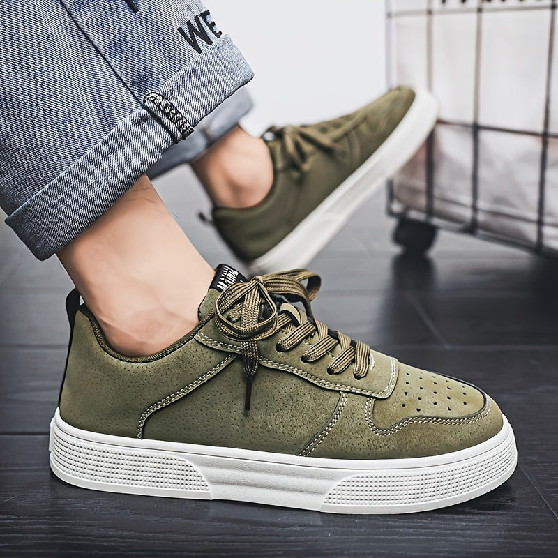 1 Pair MAINALUN Men'S Skateboarding Sneakers - Low-Top Lace-Up Casual Shoes with Thick PVC Sole, Breathable Fabric Lining Durable Synthetic Upper for Daily Wear, Outdoor, Travel, Parties - Green/Black/Khaki, Skateboarding S