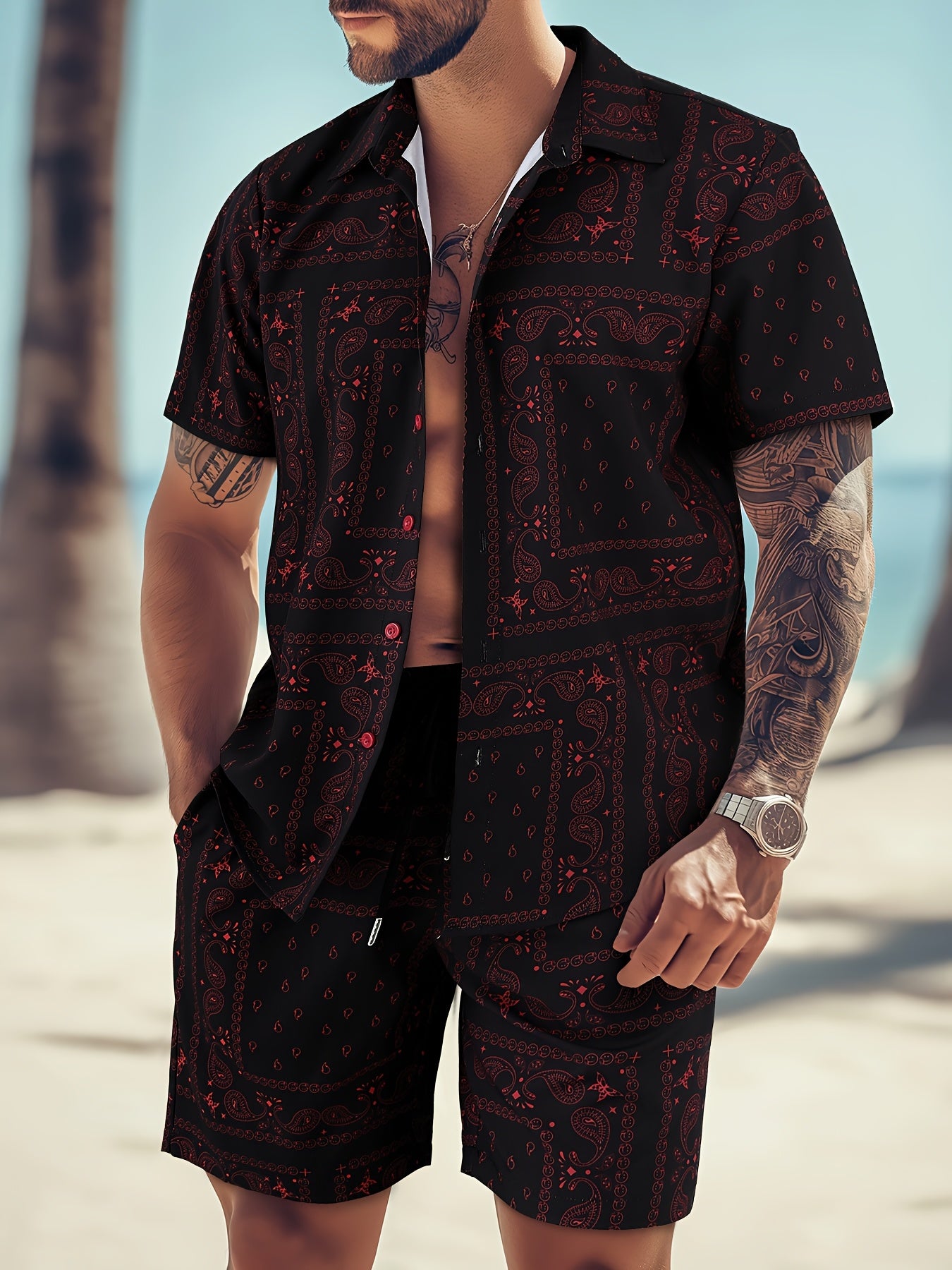 Men's Paisley Print Short Sleeve Shorts Single Button Shirt Suit with Elastic Cord and Pockets