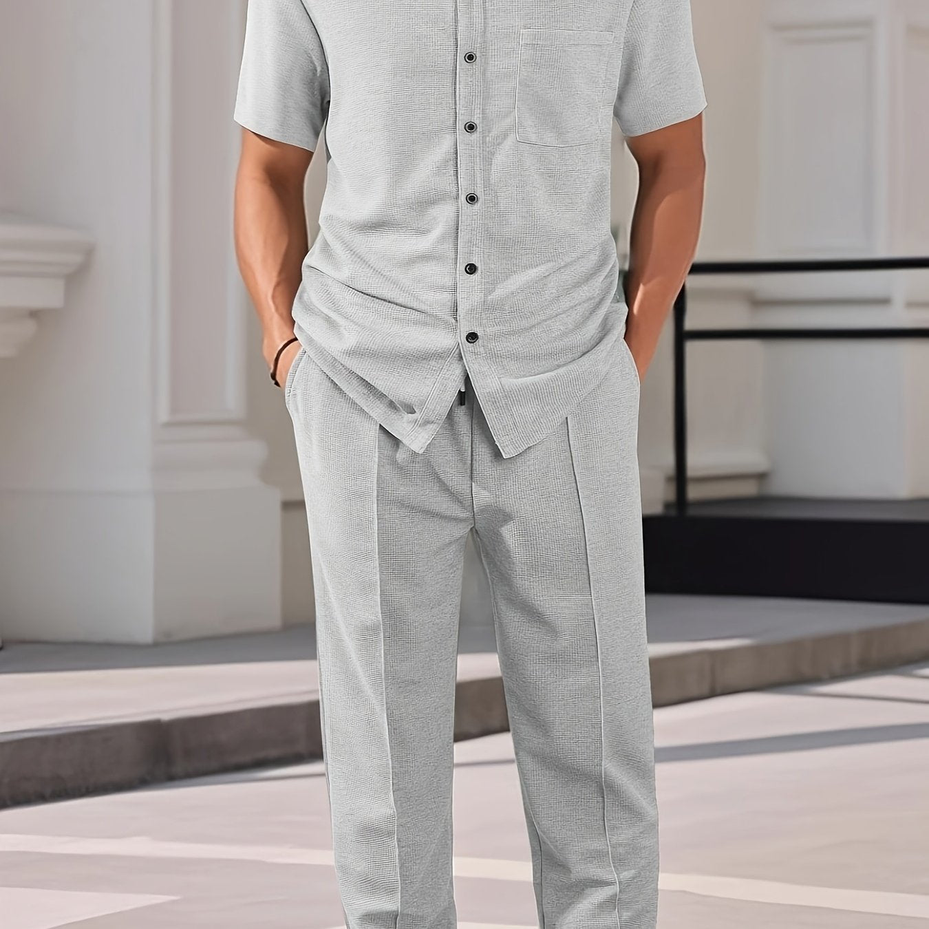 Men'S Two-Piece Set Featuring a Short-Sleeve Cardigan with Pockets And Drawstring Pocket Long Pants, Perfect for a Clean And Comfortable Summer.