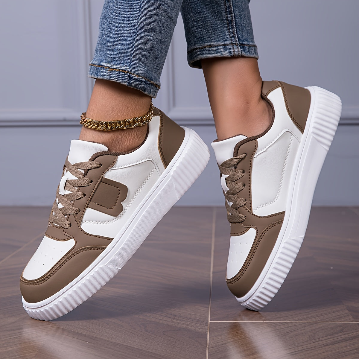 Women's Plus Size Lightweight Casual Sneakers - Thick Sole Slip-Resistant EVA Sole, Breathable Mesh Lining, Round Toe Lace-Up Design, All-Season Comfort, Two-Tone Color Options (White/Brown)