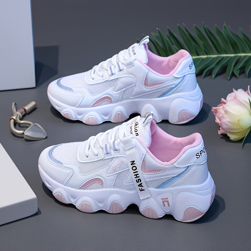 Women's Breathable Mesh Sneakers - Casual Lace-Up, Low Top Sneakers with Faux Cover PU Sole for Summer