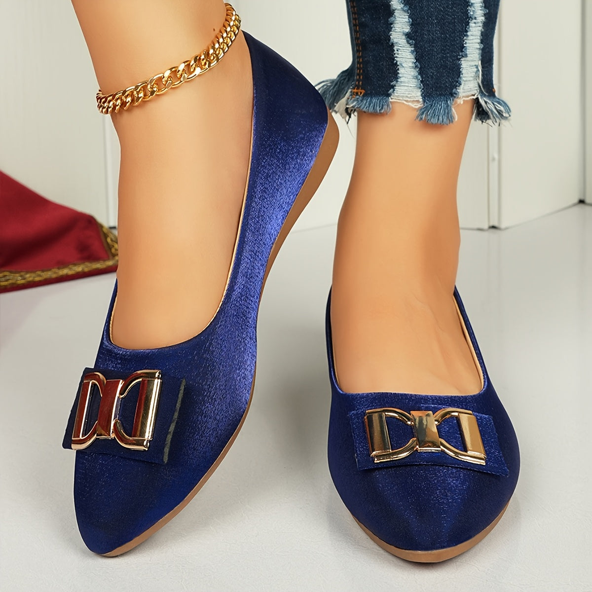 Women's Elegant Red Slip-On Flats with Golden Double Buckle Design - Comfortable Faux Cover Shoes for All Seasons, Pointed Toe Rubber Sole, Perfect for Casual or Dressy Occasions, Dressy Flats Buckle Embellished Shoes Lux