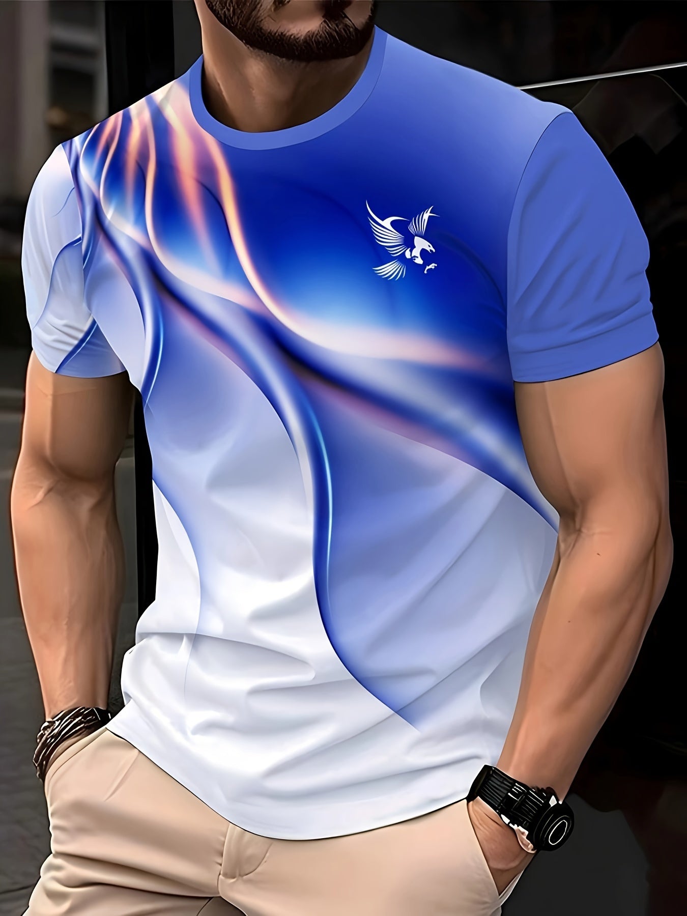 Men'S Round Neck T-Shirt with a Simple Multicolored Bird Pattern Print in Trendy Style.