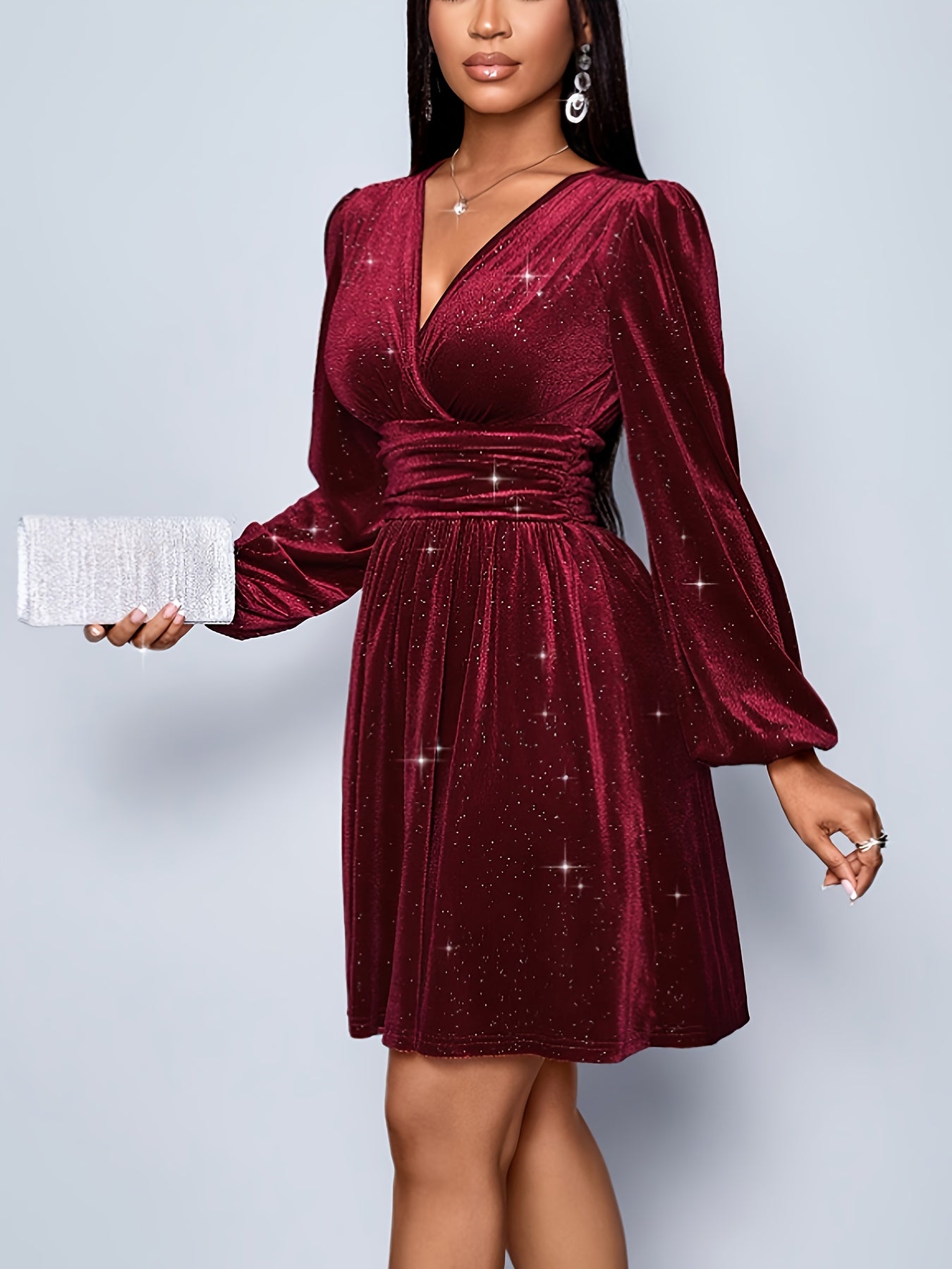 Elegant Sexy Birthday Party Dance Music Festival Valentine'S Day Wine Red V-Neck Waist Short Velvet Loose Pink High-End Burgundy Women'S Mini Dress -/Birthday Gown Club Business Casual Spring Dress/Formal Women'S Dress Evenin