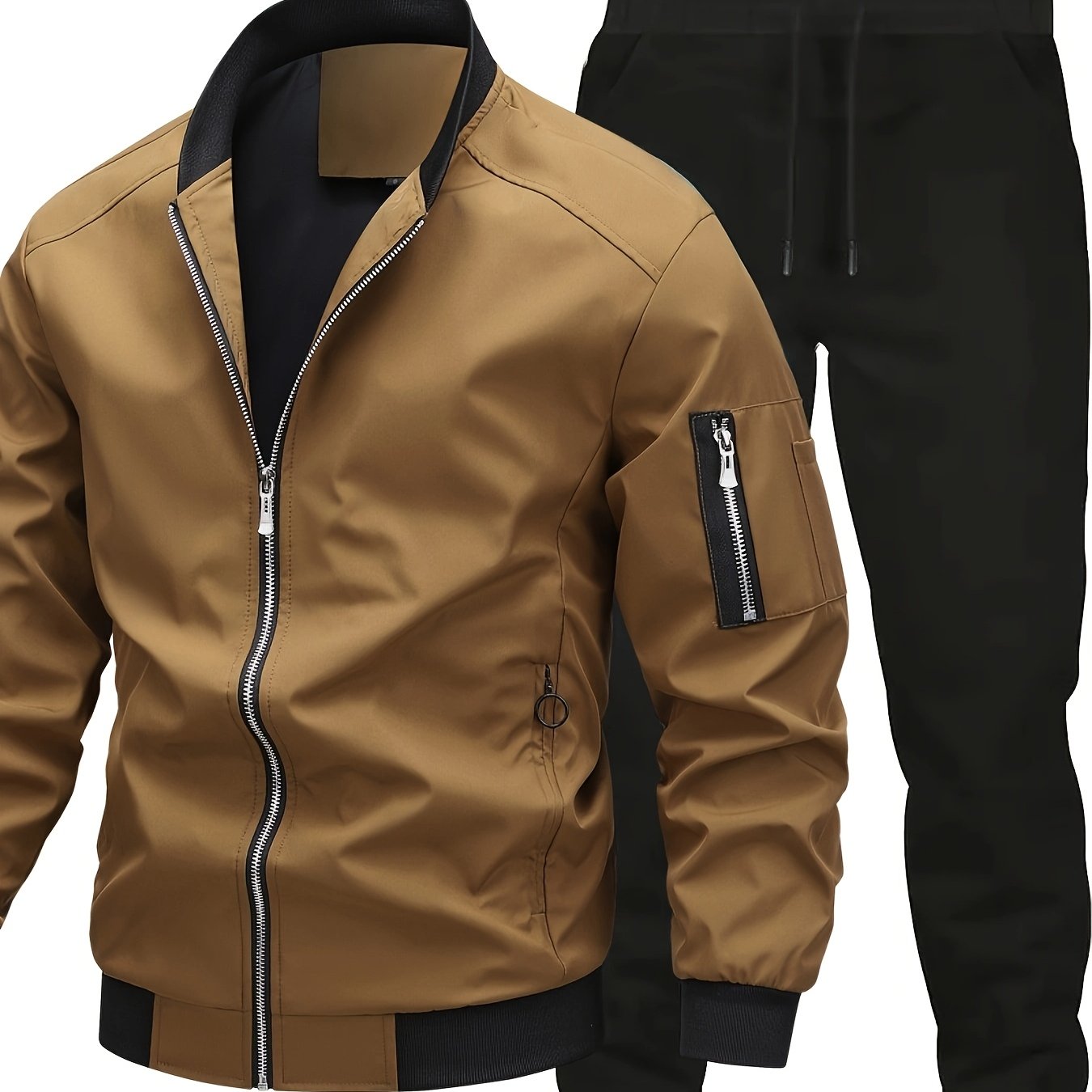 Men'S Casual Workwear Jacket and Pants Set, Solid Color, Long Sleeve, Regular Fit, with Pockets, for Spring/Fall, Casual Attire, Casual Attire|Casual Style|Solid Color Jacket