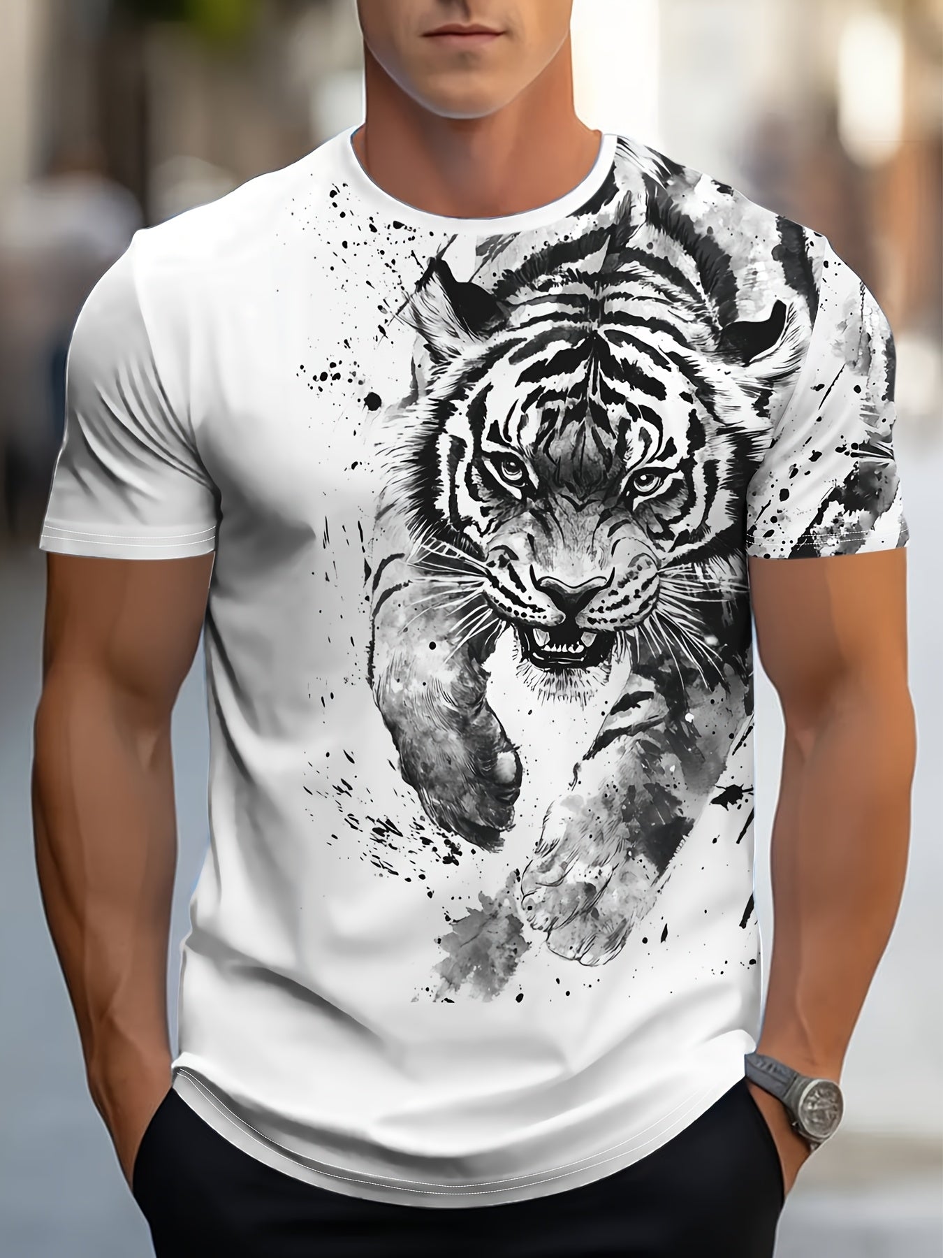 Men'S 3D Tiger Print T-Shirt - Casual Streetwear Short Sleeve, White with Black Gray Tiger Design, Comfortable Summer Polyester Tee for Casual Attire, Urban Style Apparel Tiger Graphic Tee Quality Embroider