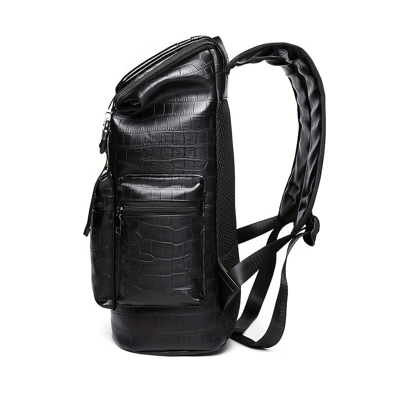 Unisex Backpack with Crocodile Texture, Large Capacity, Anti-Theft, Multi-Compartment, Fits 14-inch Laptop, Casual Travel Business Commute, Minimalist Style, No Battery - Black