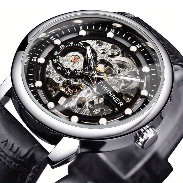 Men'S Luxury Mechanical Skeleton Watch with Golden-Tone Alloy Case & Faux Leather Strap - Mechanical Hand-Wind, World Time, Date Display, Elegant Fashion Accessory for Casual Attire, Mechanical Watch, Sophisticated Design, In