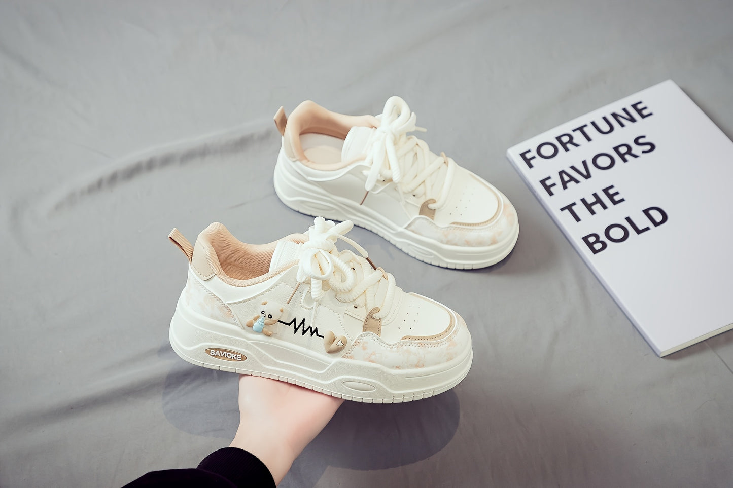 Women's White Mid-Top Sneakers with Bear Heart Stripes Design - PU Cover Upper, Thick Cushioned PVC Sole - Trendy Casual Shoes for All-Season Comfort
