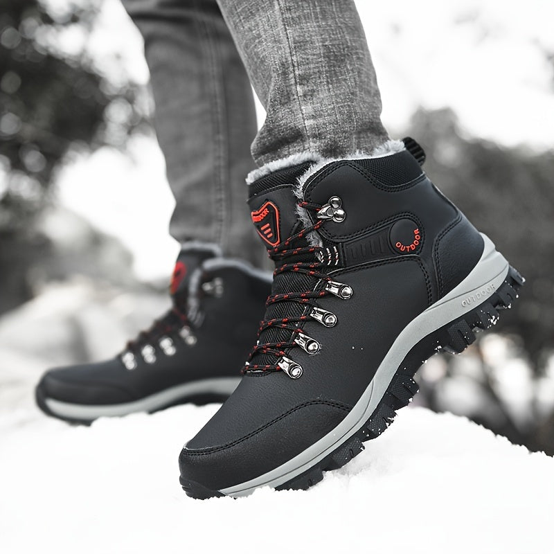 Men'S Winter Snow Warm Hiking Boots, Plush Ankle Boots, Lace-Up Outdoor Trend Style, Suitable for Hiking on Snowy Ground