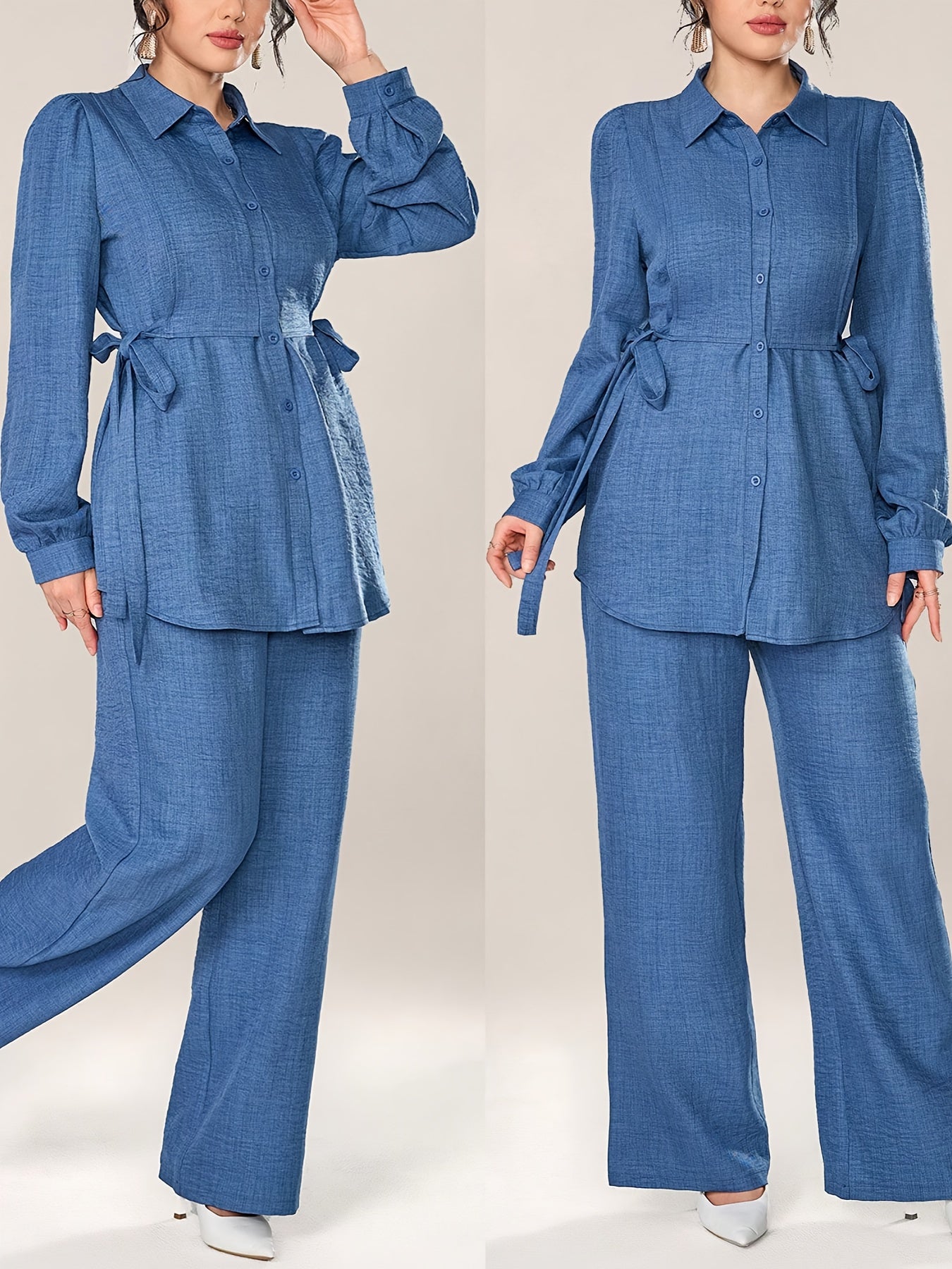 Stylish and Elegant Casual Two-Piece Women's Outfit with Side Tie Single-Breasted Shirt and Wide-Leg Pants for Office Wear