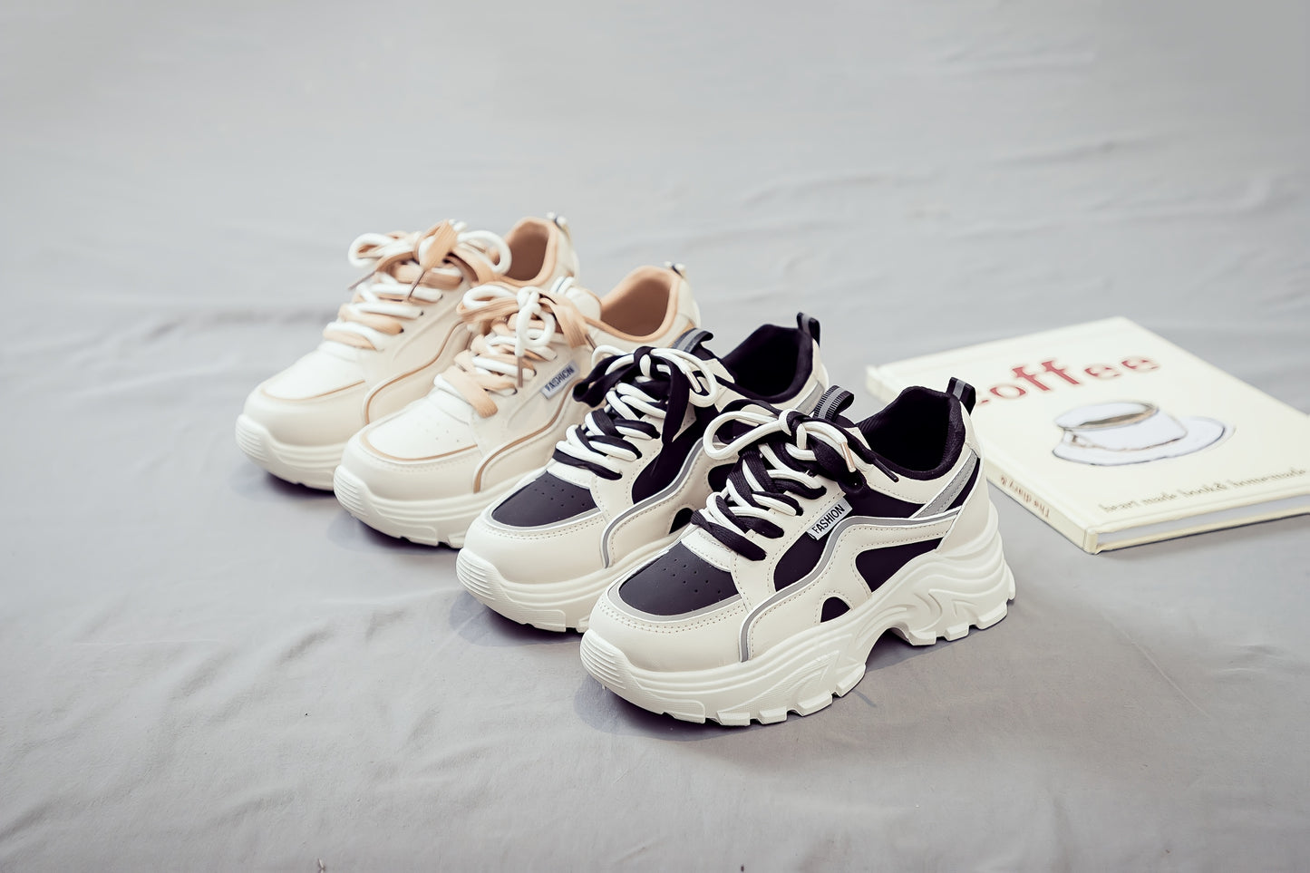 Women's Trendy Chunky Sneakers - Breathable Lace-Up Dad Shoes with Thick PVC Sole, White Beige Two-Tone Design, Versatile Low-Top Style for Casual Attire