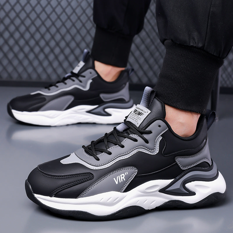 Men's Stylish Color-Block Sneakers - Black Gray with White Accents, Comfortable All-Day Wear, Durable Rubber Sole, Lace-Up Design, Trendy Low-Top Style for Casual or Athletic Use, Casual Sneakers Fashion Sneakers Pu Mat