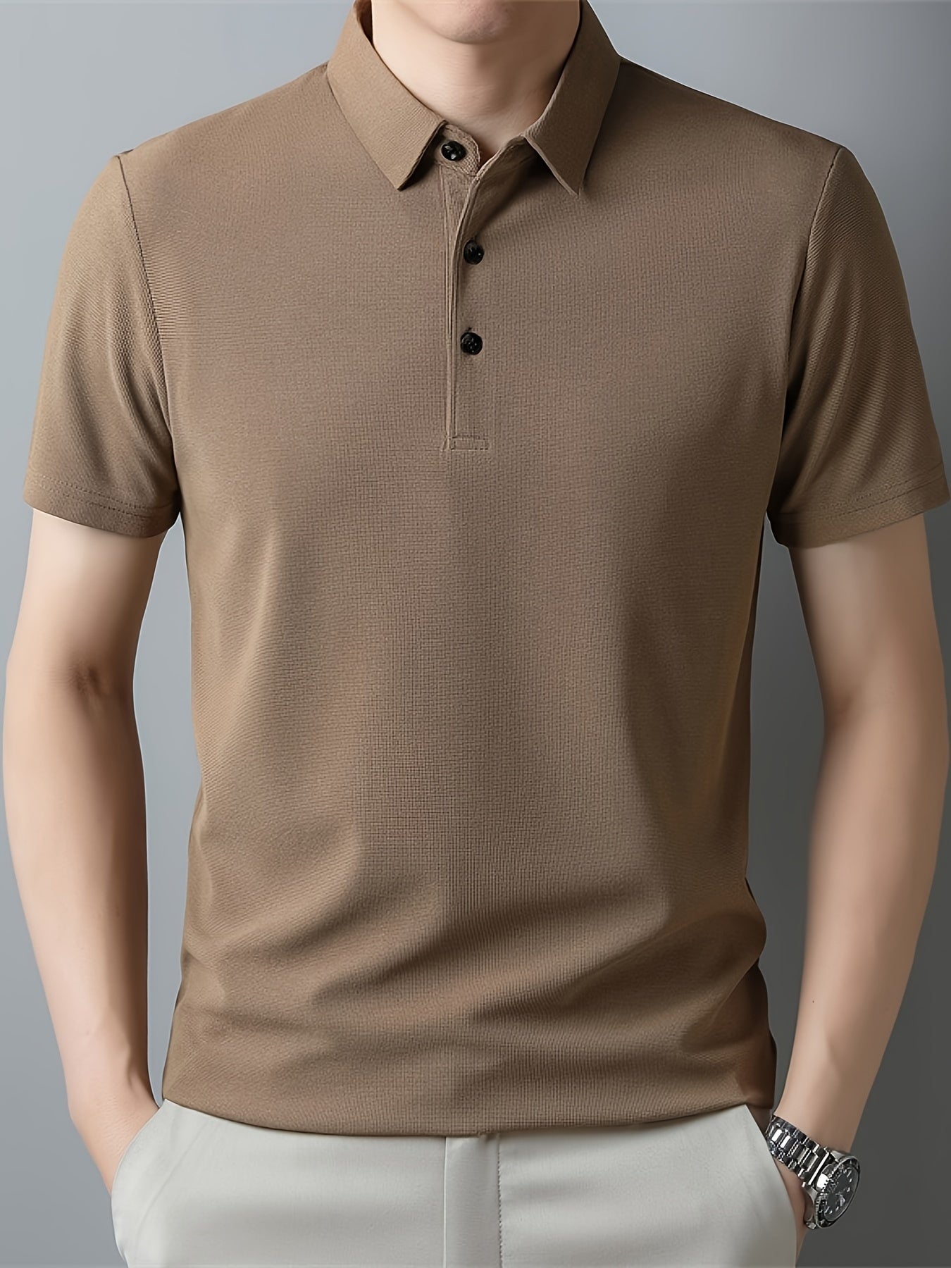 Men's Solid Short Sleeve And Lapel Collar Henley Shirt, Casual And Comfy Sports Tops For Summer Golf Wear And Outdoors Activities
