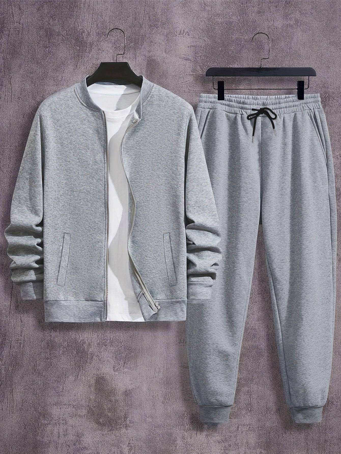 Men'S Casual Polyester Sweatsuit Set with Baseball Collar and Slight Stretch - Solid Color Long Sleeve Knit Fabric Track Suit for Fall/Winter