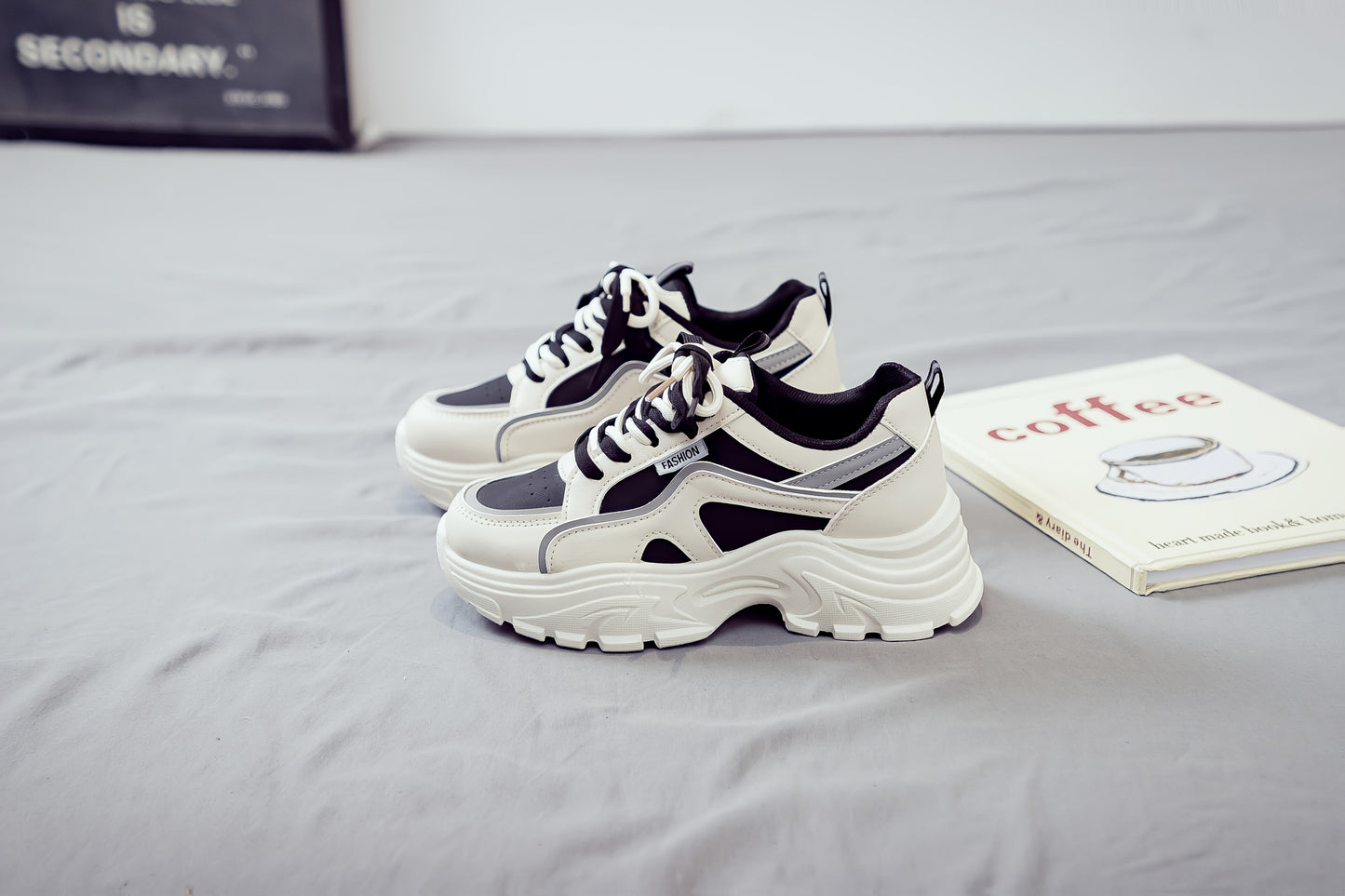 Women's Trendy Chunky Sneakers - Breathable Lace-Up Dad Shoes with Thick PVC Sole, White Beige Two-Tone Design, Versatile Low-Top Style for Casual Attire