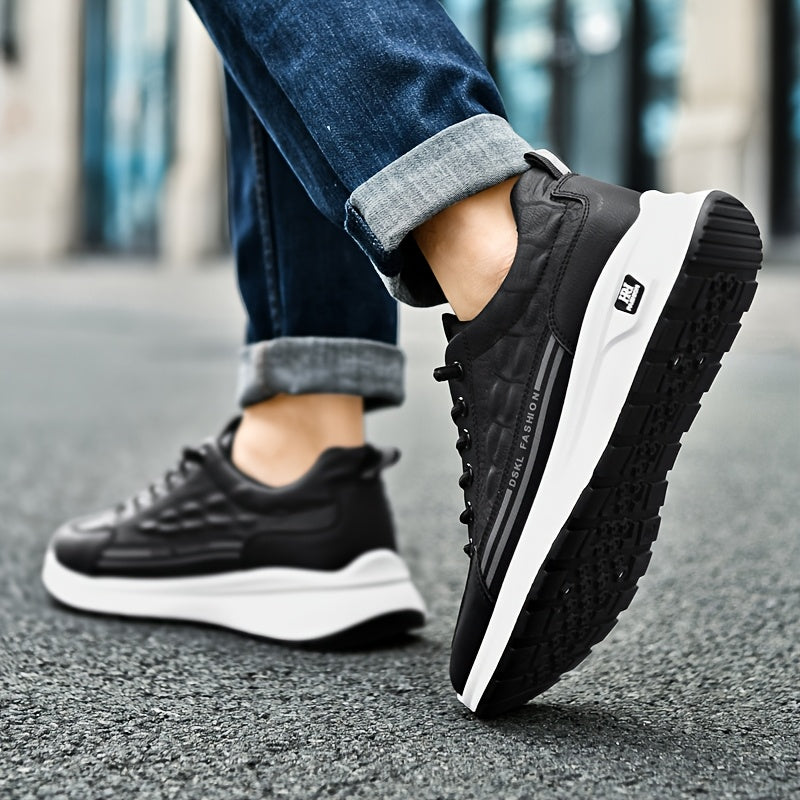 Men's Breathable Casual Sneakers - Comfortable, Versatile Stylish Shoes for Running, Sports Casual Attire, Black with White Accents, PU Upper PVC Sole, Round Toe, Lace-Up Design, All-Season Use