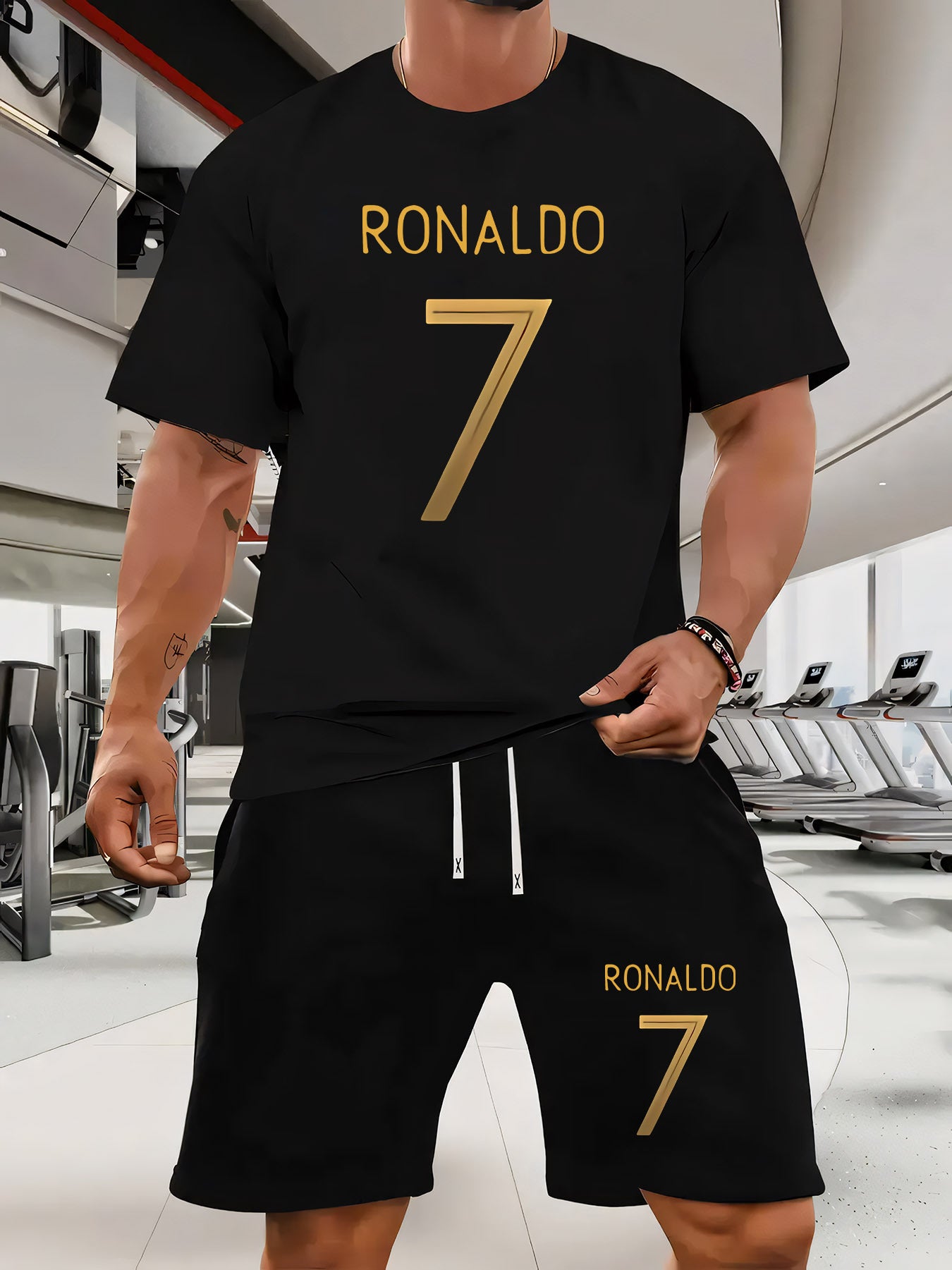 Ronaldo 7 Print Men'S Short Sleeve T-Shirt and Waistband Shorts 2pcs Casual Sports Regular Top & Bottom Set, Suitable for Spring/Summer