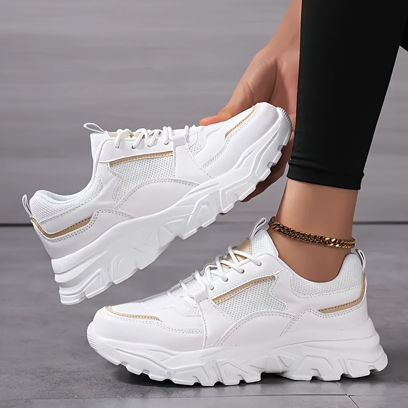 Women's Breathable Mesh Chunky Sneakers - Lightweight Casual Dad Shoes with Soft EVA Sole, White Golden Accents, Black Golden Design, Perfect for Running, Travel Casual Attire
