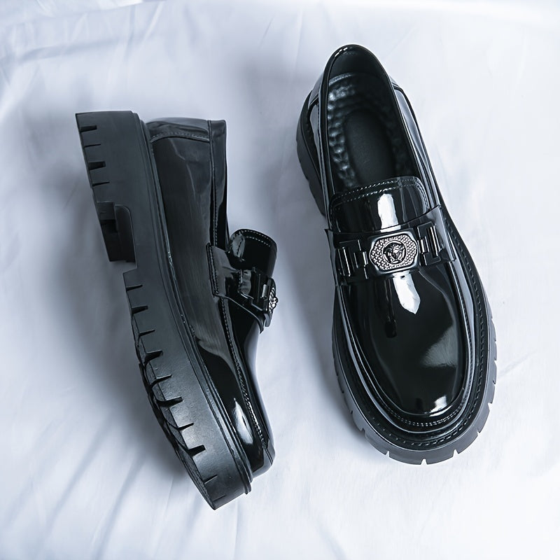 Men'S Black Soft Patent Platform Chunky Heel Loafers Fashion Tassel Business Casual Formal Work Shoes Non-Slip Lug Sole Slip-On Penny Loafers