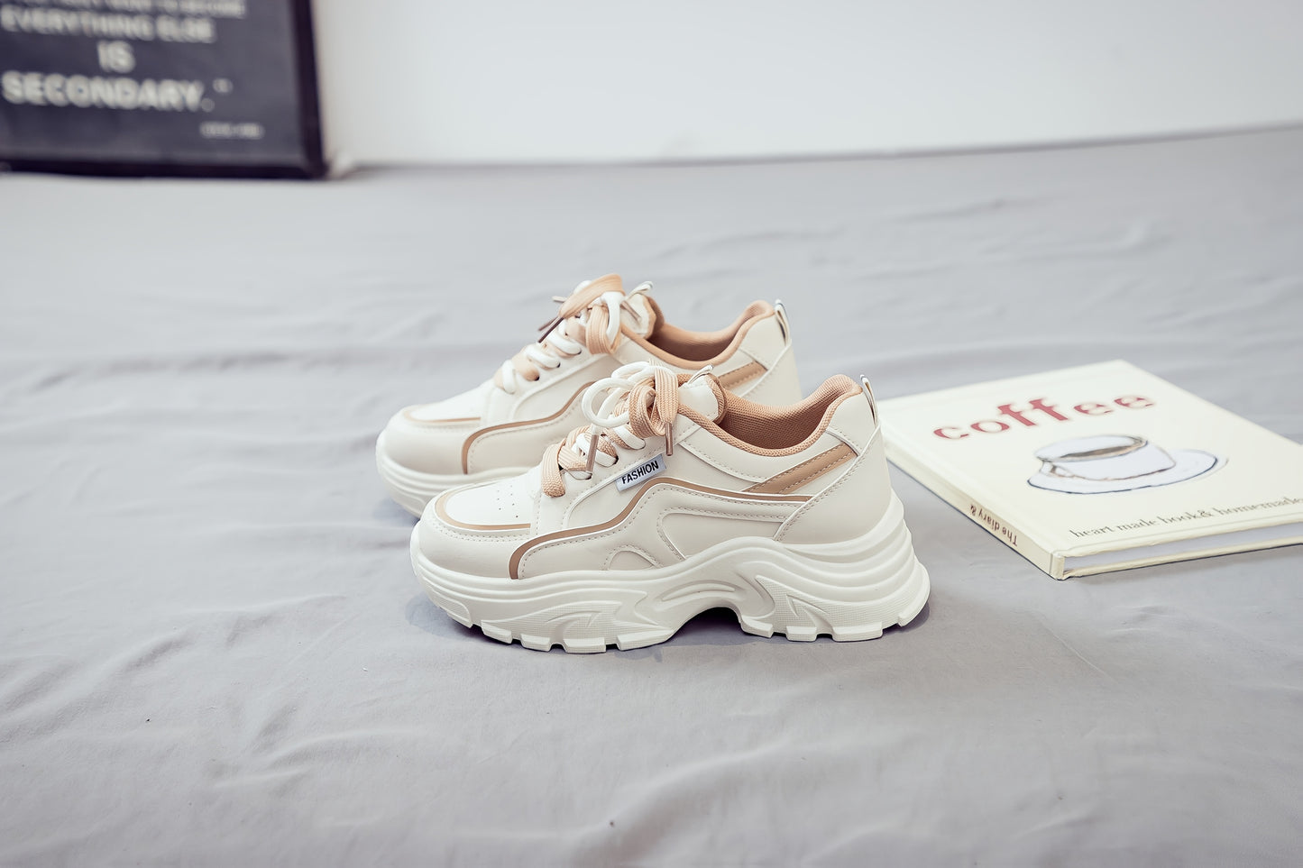 Women's Trendy Chunky Sneakers - Breathable Lace-Up Dad Shoes with Thick PVC Sole, White Beige Two-Tone Design, Versatile Low-Top Style for Casual Attire
