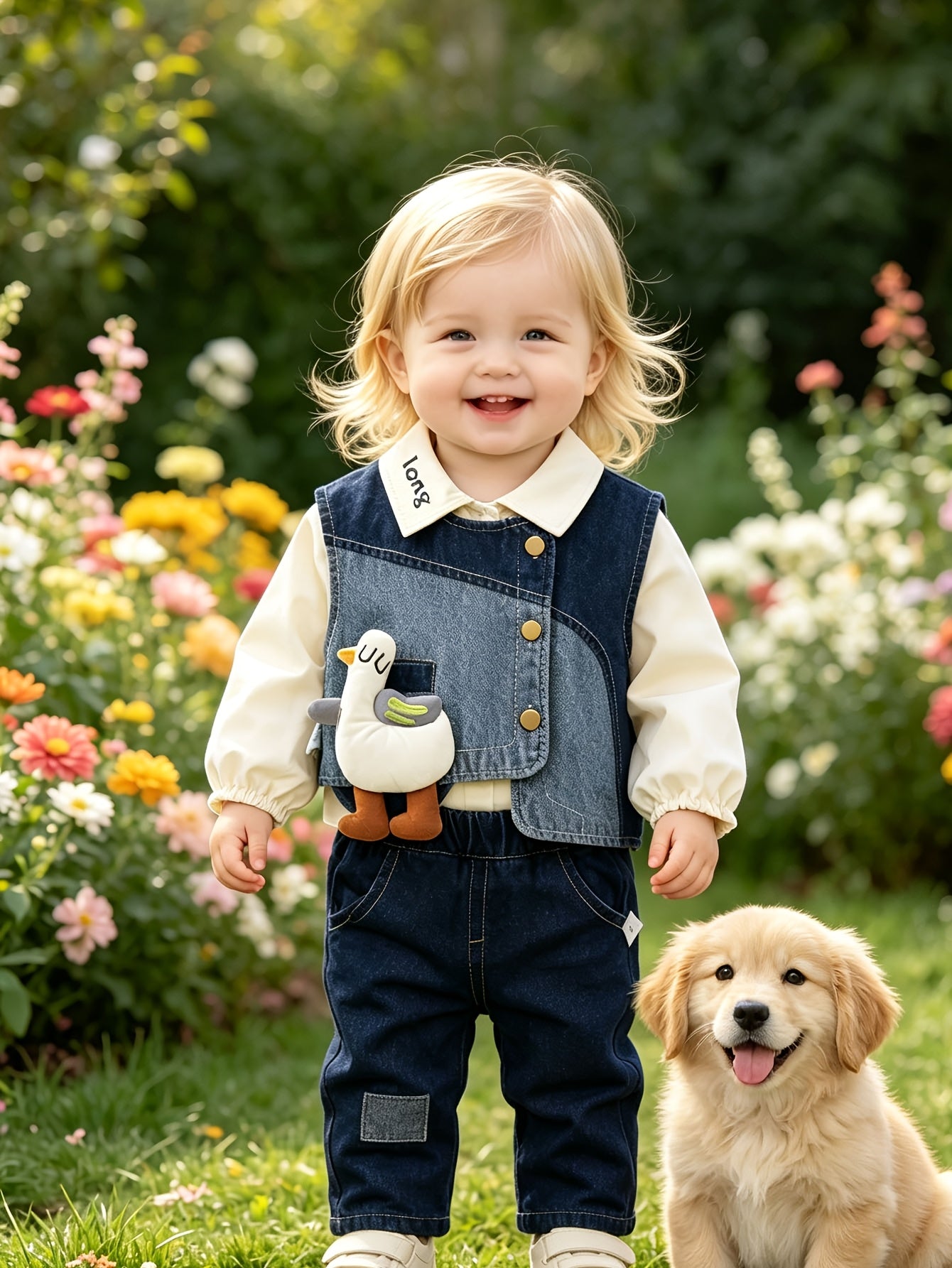 Unisex Baby Denim Vest Shirt & Long Pants Set for Spring Fall