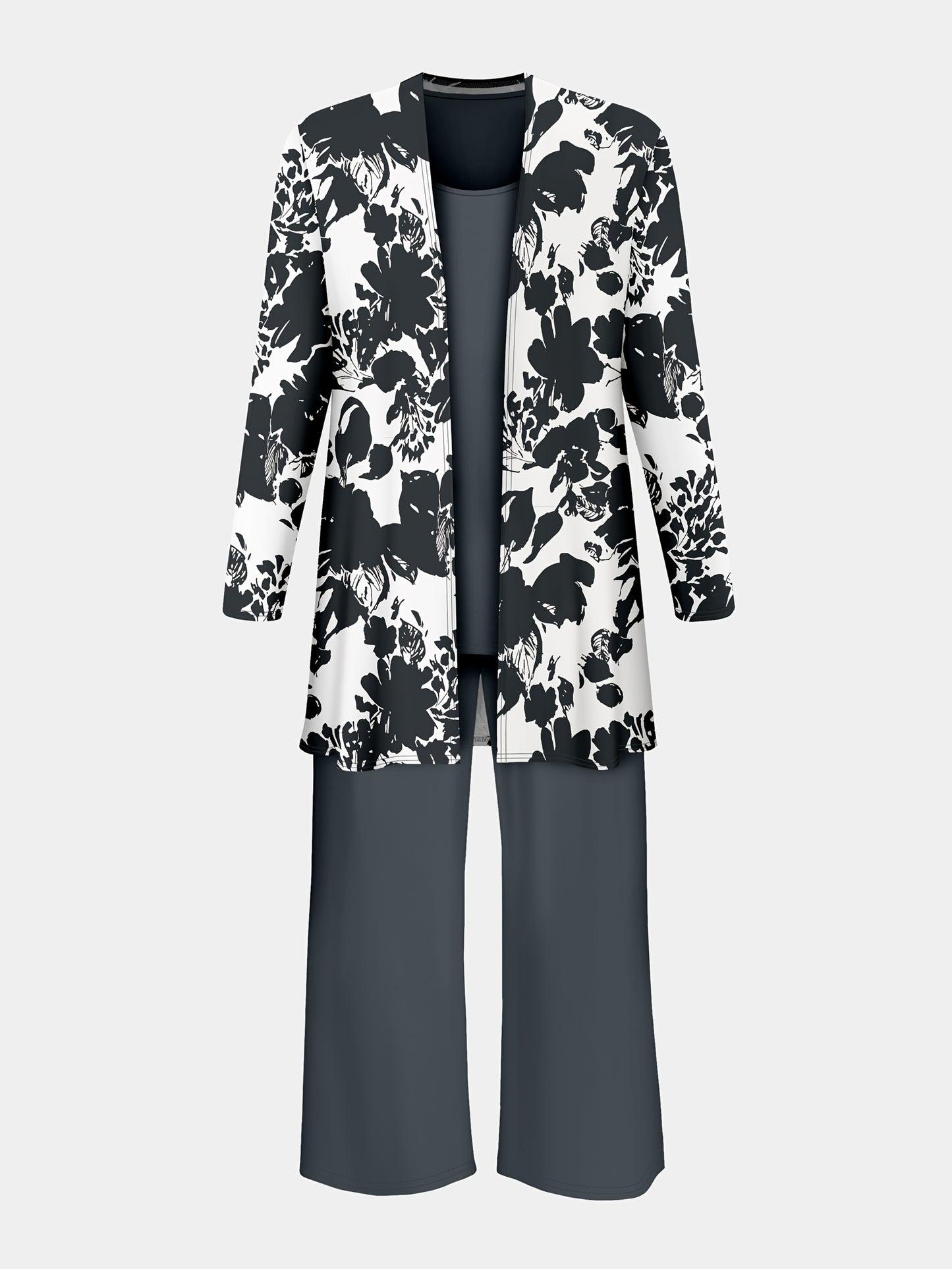 Plus Size, A three-piece set of elegant and unique female plus-size floral printed top and solid-colored vest and trousers