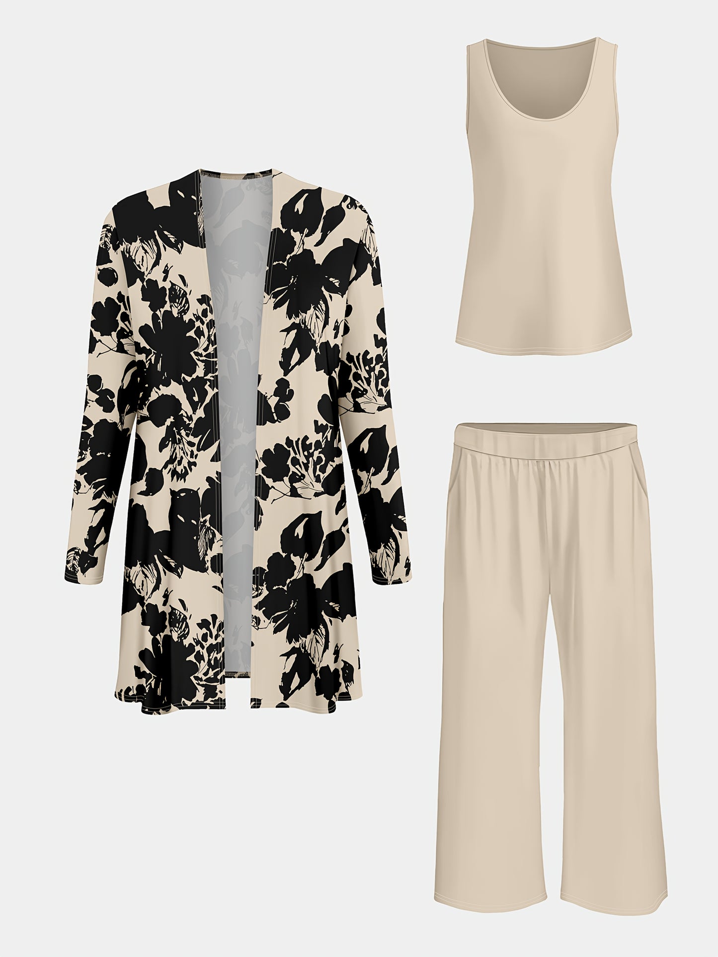 Plus Size, A three-piece set of elegant and unique female plus-size floral printed top and solid-colored vest and trousers