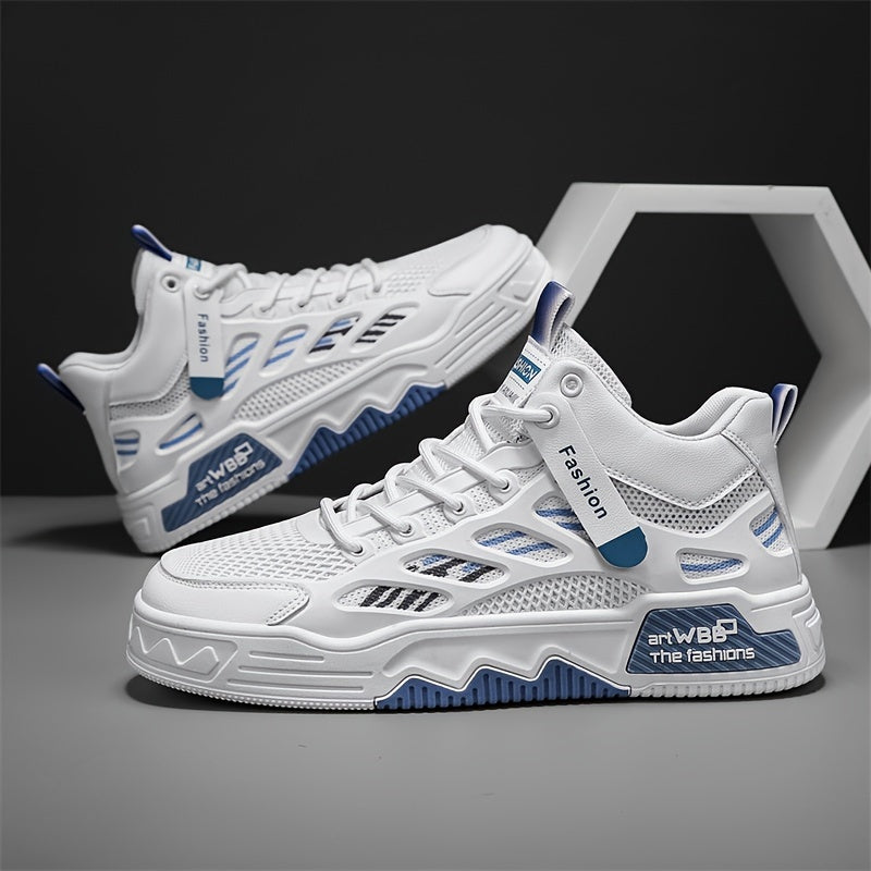 Men's High Top Fashion Sneakers Graphic Print Lace-Up Casual Skateboard Shoes with Round Toe, PU Mesh Upper, Fabric Lining, and Rubber Sole