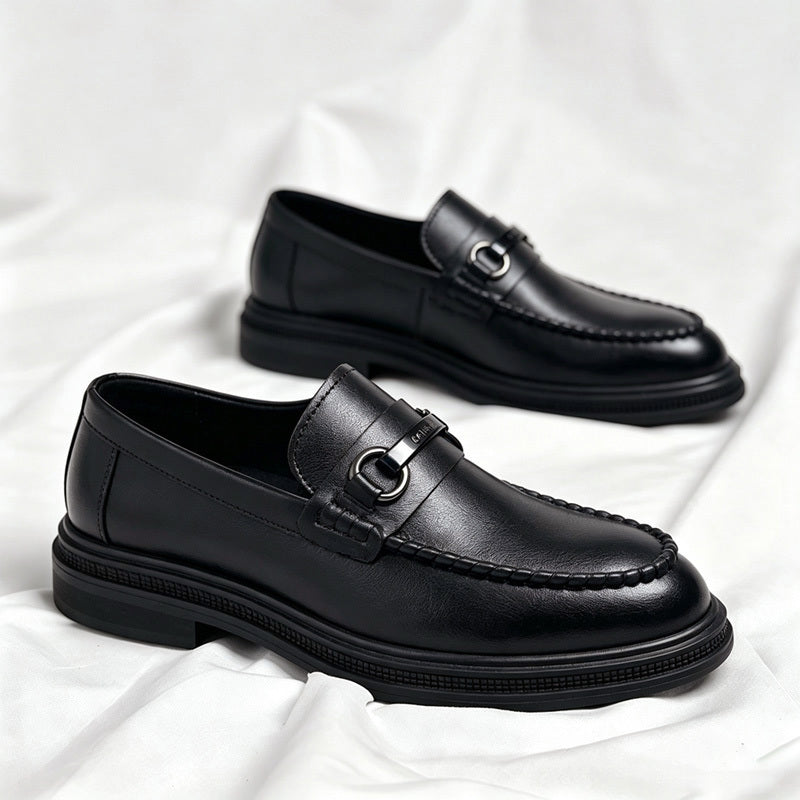 Men's Black Slip-On Business Casual Shoes with Metal Buckle