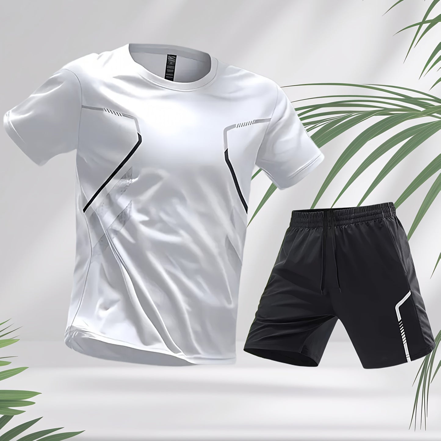 2pcs Men's Running Sportswear Set Summer Ice Sliky Fiber Fabric Quick-Dry Sweat-Absorbent Fitness Casual Short Sleeve Shorts Outfit