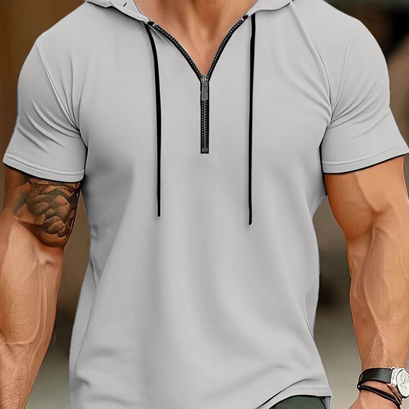 1pc Men's Light Blue Casual Hooded Short Sleeve T-Shirt with 1/4 Zipper, Breathable Stretch Fabric for Gym, Outdoor Summer Wear, Gym Apparel, Stylish Contrast Detailing, Comfortable Fit