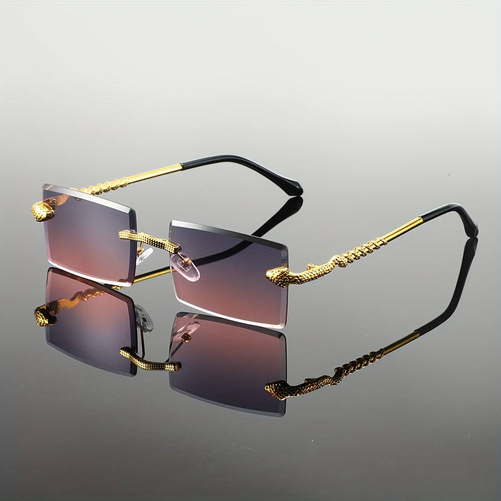 Unisex Square Frameless Fashion Glasses with Snake-Light Beige Metal Temples & Gradient Pink Tinted Lenses - Trendy Fashion Accessories for Street Style, Casual & Formal Outfits, Stylish Glasses, Decorative Eyewear, Goldtoned