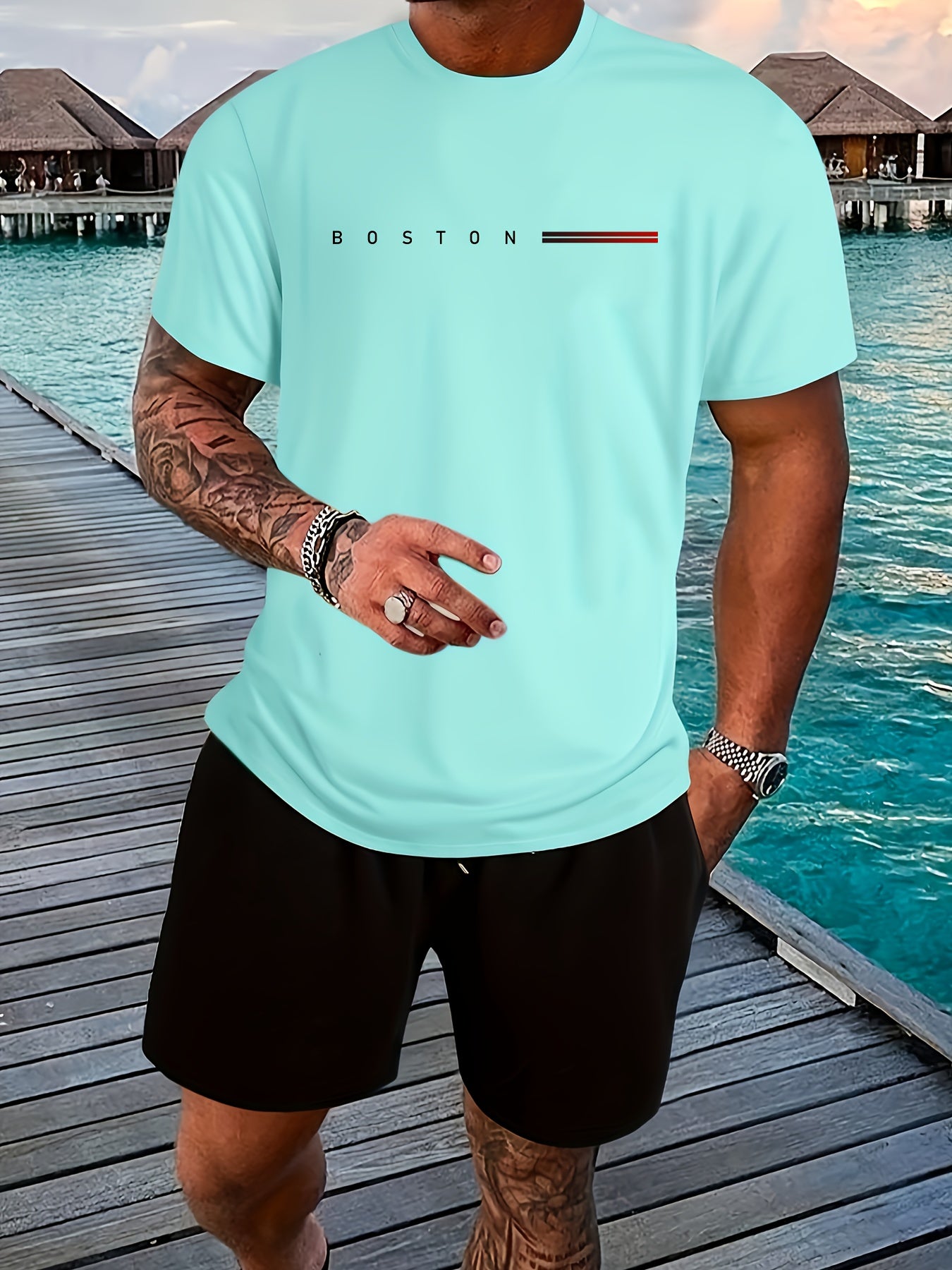 Men's Heavyweight 180gsm Cotton T-Shirt - Dark Gray Crew Neck Tee with Bold "Boston" Print, All-Season Everyday Formal Shirt for Men - Machine Washable Luxury Casual Top, Versatile Clothing, Modern Design, Premium Fabric, S
