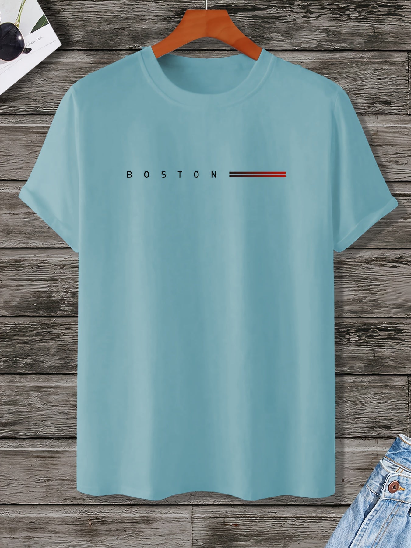 Men's Heavyweight 180gsm Cotton T-Shirt - Dark Gray Crew Neck Tee with Bold "Boston" Print, All-Season Everyday Formal Shirt for Men - Machine Washable Luxury Casual Top, Versatile Clothing, Modern Design, Premium Fabric, S