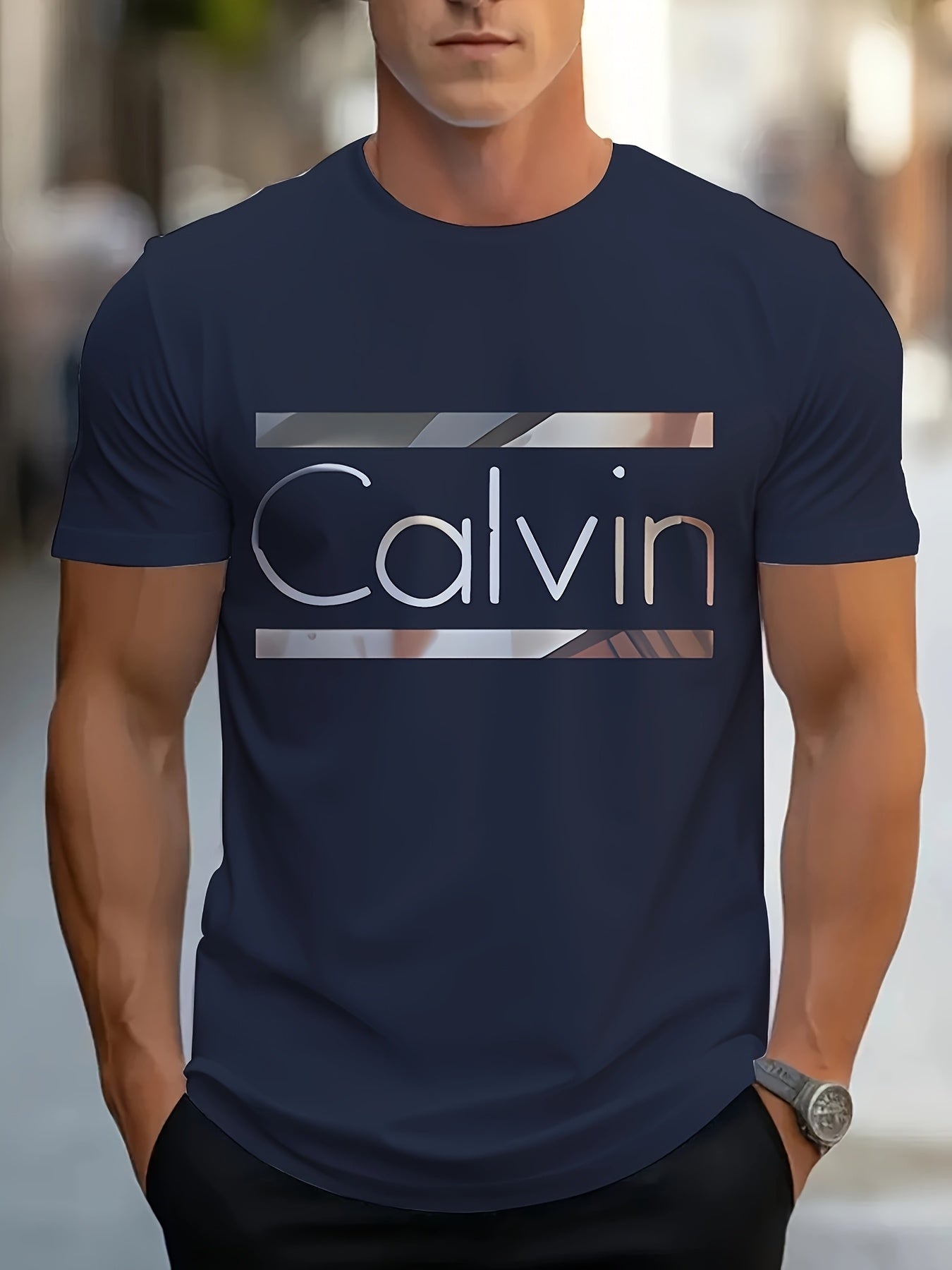 Men'S "Calvin" Graphic T-Shirt - Casual 3D Print Letter Tee with Geometric Design, Short Sleeve, Round Neck, Light Blue, Perfect for Summer, Everyday Sportswear, Casual Wear Tee Modern Casualwear Comfortable Fit