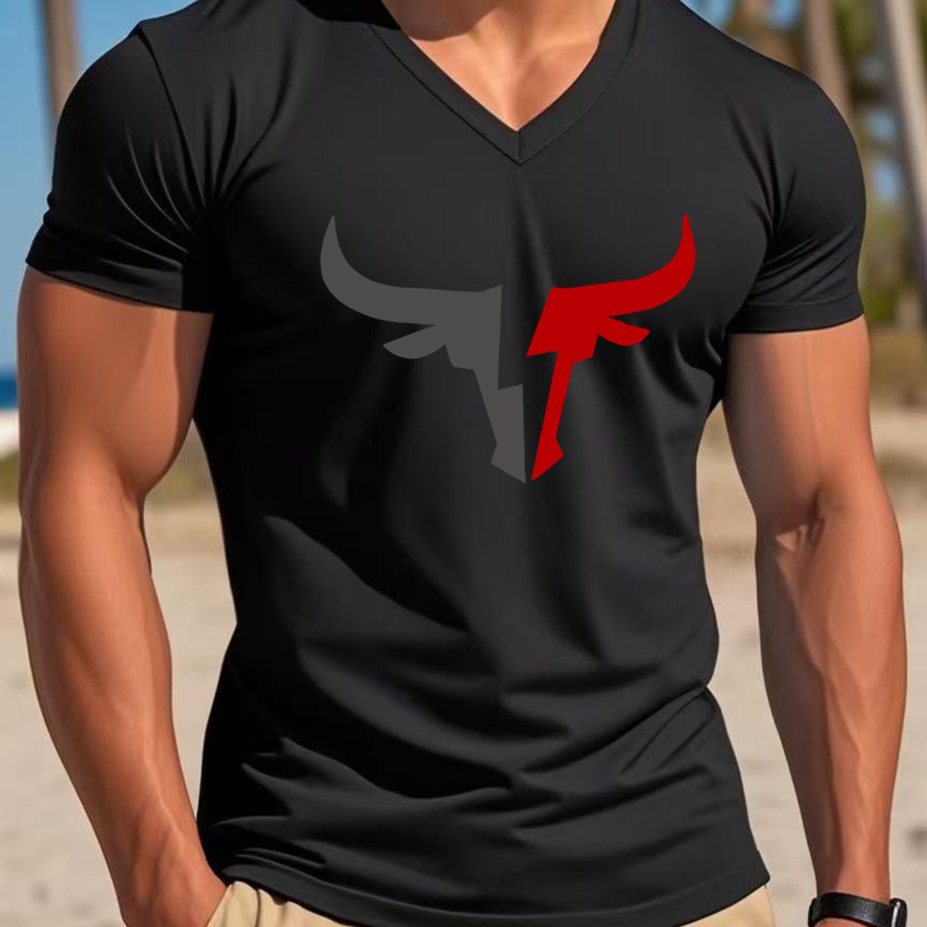 Men's Casual V-Neck T-Shirt with Bold Head Graphic Print - White Black Contrast Design, Breathable Regular Fit Short Sleeve Tee for Spring Summer Casual Wear, Quality Fabric Shirt