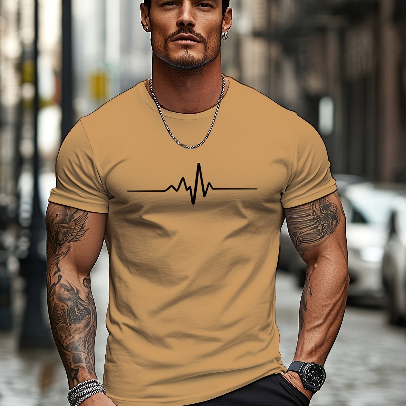 Men'S Brown T-Shirt with ECG Heartbeat Graphic - Casual Streetwear, Short Sleeve, Round Neck, Stretch Fabric, All-Season Comfort, Casual Streetwear Tee Round Neck Tshirt Comfortable Fit