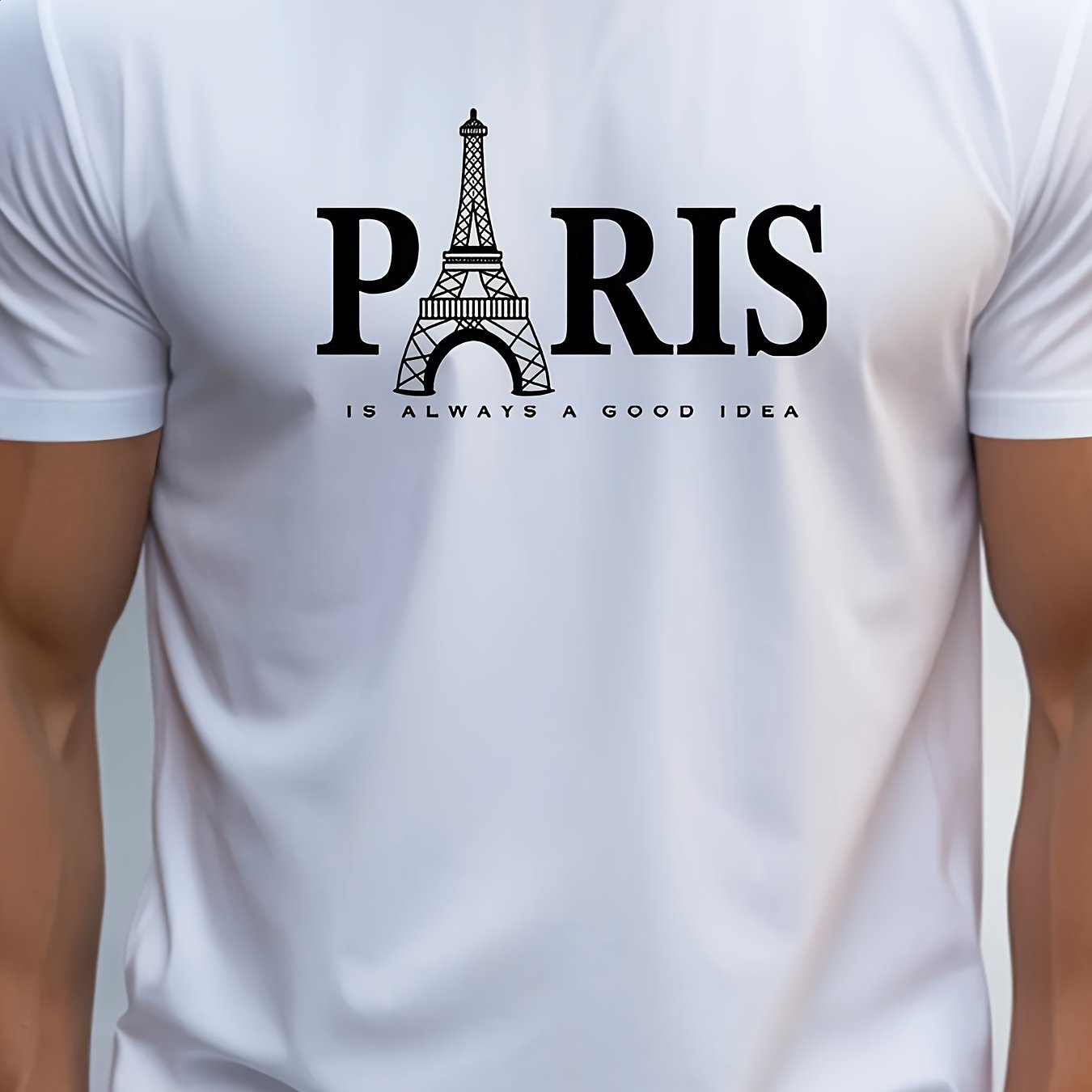 Men's Retro Paris Eiffel Tower Letter Print T-Shirt - Breathable Polyester Casual Short Sleeve Round Neck Tee, Machine Washable Summer Top for Casual Attire, Leisure Outfit, Comfortable Fit Shirt